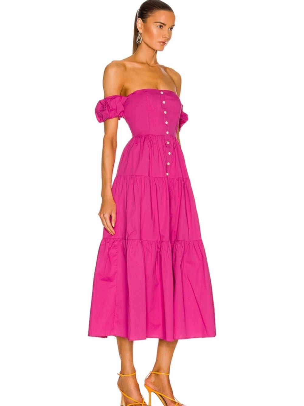 STAUD Off-Shoulder Tiered Maxi Dress in Hot Pink